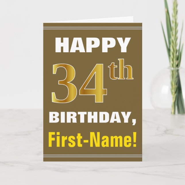 Bold, Brown, Faux Gold 34th Birthday w/ Name Card (Front)
