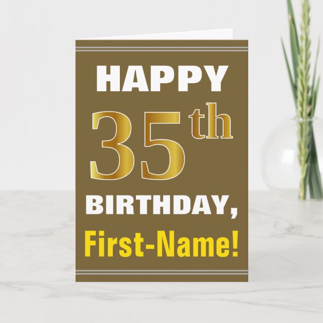 Bold, Brown, Faux Gold 35th Birthday w/ Name Card (Front)