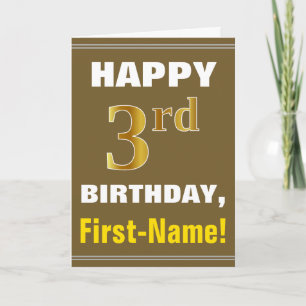 Bold, Brown, Faux Gold 3rd Birthday w/ Name Card