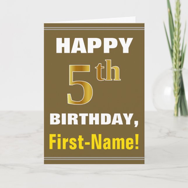 Bold, Brown, Faux Gold 5th Birthday w/ Name Card (Front)