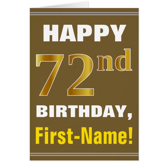 Bold, Brown, Faux Gold 72nd Birthday w/ Name Card (Front)