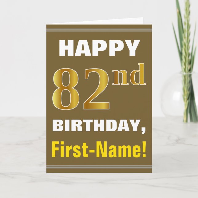 Bold, Brown, Faux Gold 82nd Birthday w/ Name Card (Front)