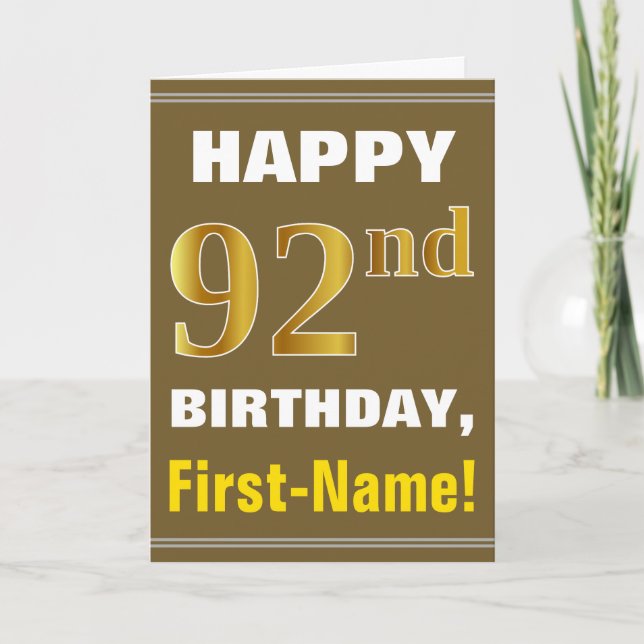 Bold, Brown, Faux Gold 92nd Birthday w/ Name Card (Front)