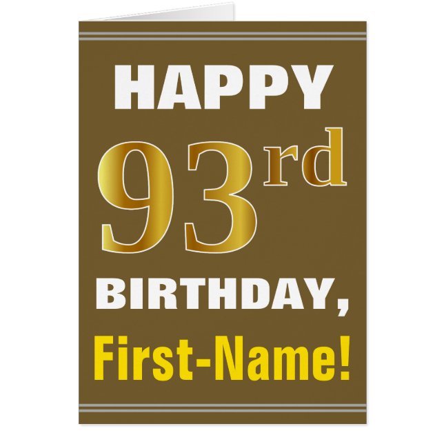 Bold, Brown, Faux Gold 93rd Birthday w/ Name Card (Front)