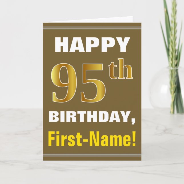 Bold, Brown, Faux Gold 95th Birthday w/ Name Card (Front)