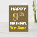 [ Thumbnail: Bold, Brown, Faux Gold 9th Birthday W/ Name Card ]