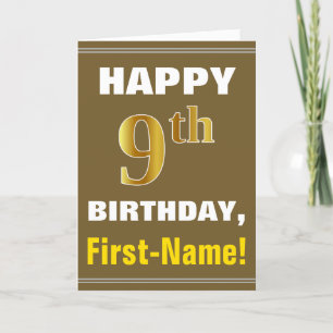 Bold, Brown, Faux Gold 9th Birthday w/ Name Card
