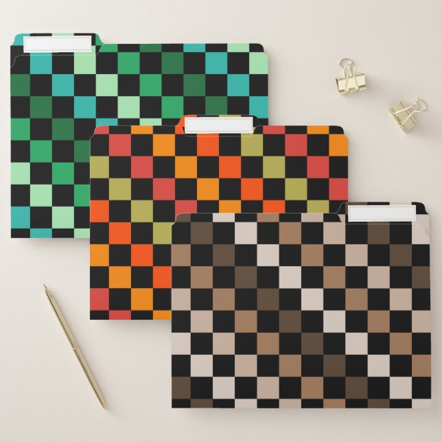 Bold Brown Orange Green Checkered Modern Spring File Folder (Set)
