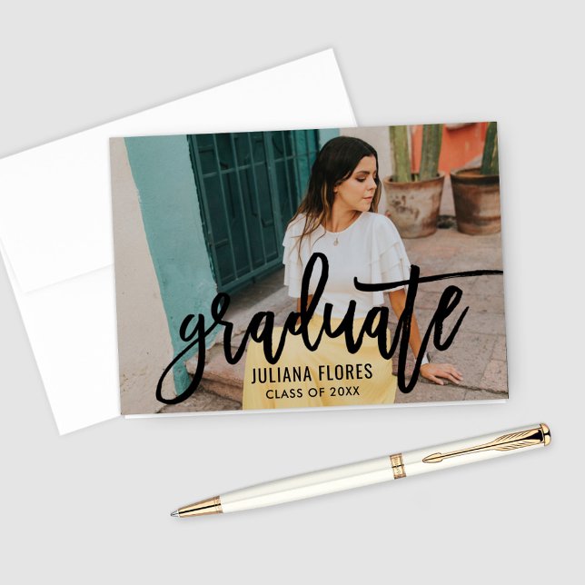 Bold Brush Black Graduate Photo Thank You Card (Creator Uploaded)