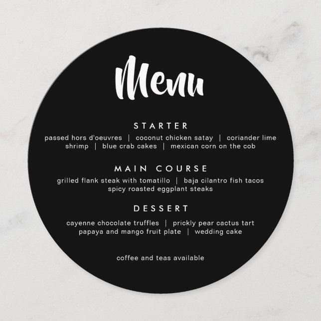 Bold Brush Lettered Round Menu in black white (Front)
