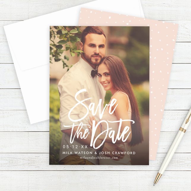 Bold Brush Script Blush Photo Wedding Save The Date (Creator Uploaded)