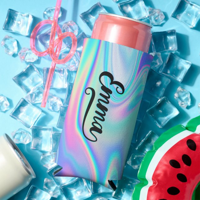 Bold Brush Script Name Ends with A Aqua Iridescent Seltzer Can Cooler (In Situ Summer)