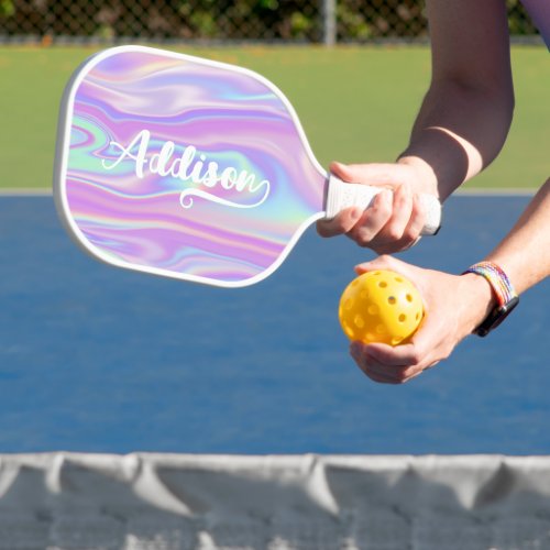 Bold Brush Script Name Ends with N Pink Iridescent Pickleball Paddle