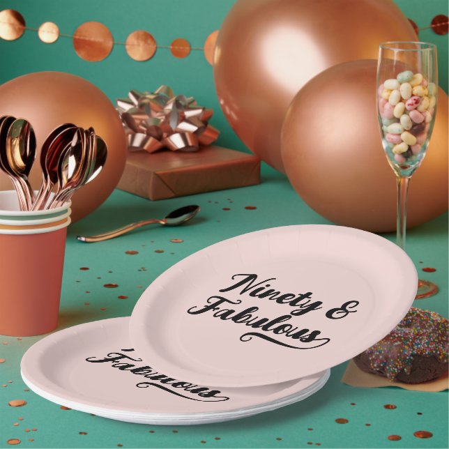 Bold Brush Script Ninety & Fabulous  Blush Paper Plates (Multi)