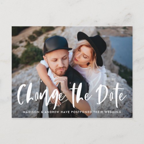 Bold Brush Script Overlay Photo Change The Date Announcement Postcard