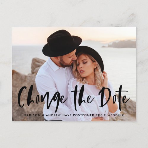 Bold Brush Script Overlay Photo Change The Date Announcement Postcard