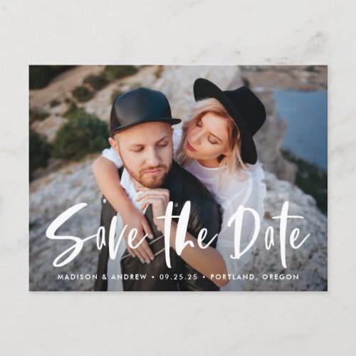 Bold Brush Script Overlay Photo Save the Date Announcement Postcard