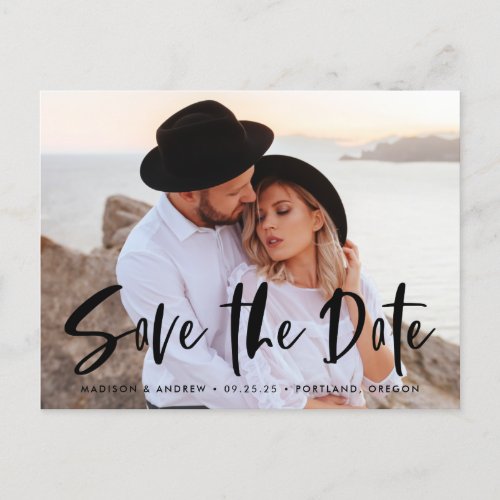 Bold Brush Script Overlay Photo Save the Date Announcement Postcard