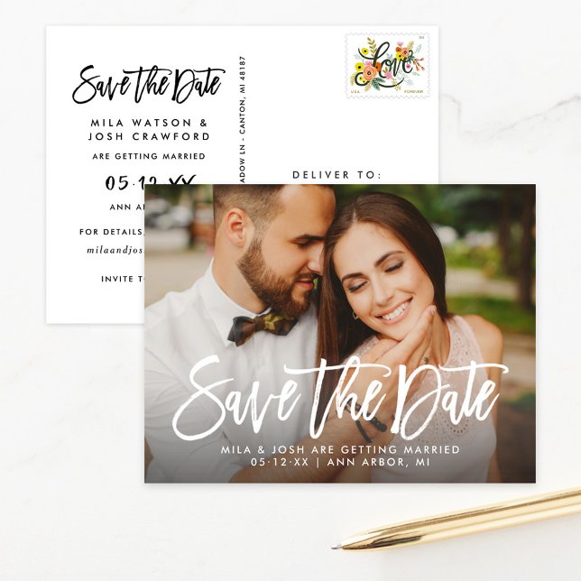 Bold Brush Script Photo Save the Date Announcement Postcard (Creator Uploaded)