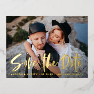 Bold Brush Script Photo Save the Date Foil Invitation Postcard