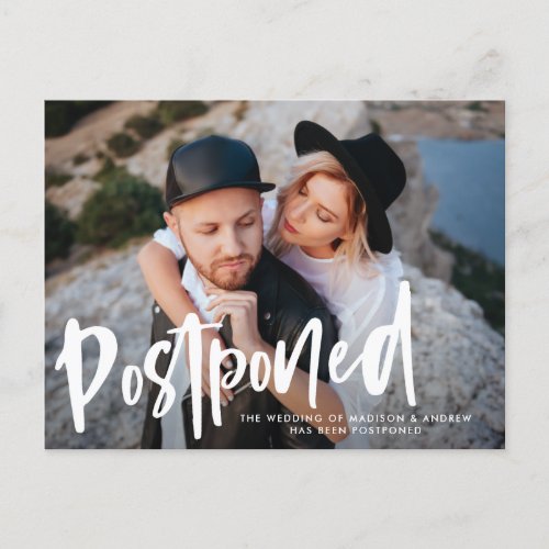 Bold Brush Script Photo Wedding Postponement Announcement Postcard