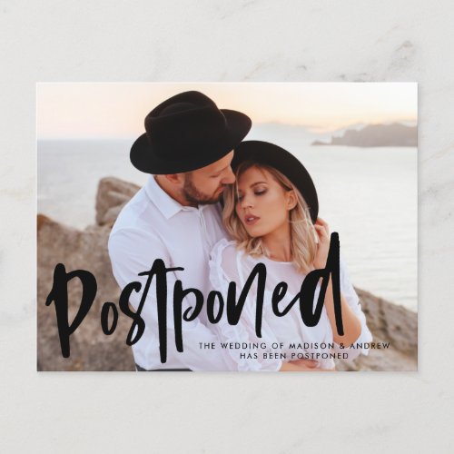 Bold Brush Script Photo Wedding Postponement Announcement Postcard