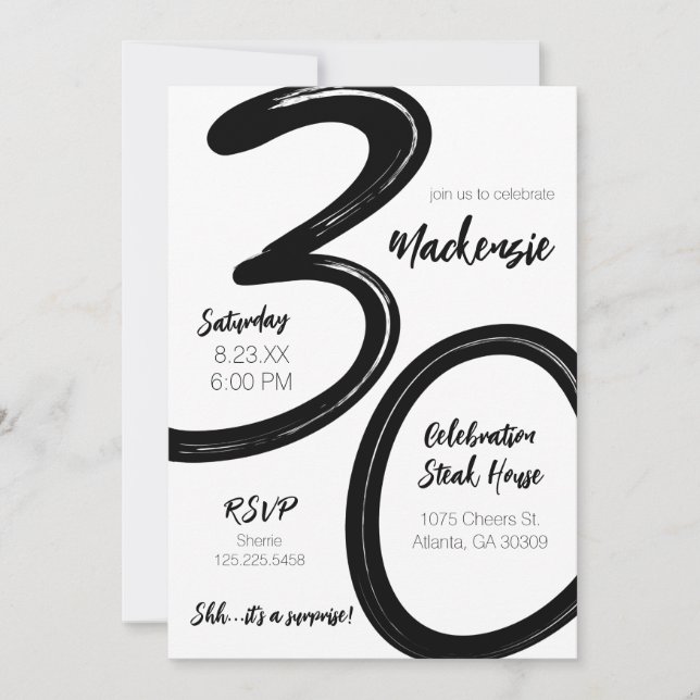 Bold Brush Stroke 30th Birthday Surprise Party Invitation (Front)