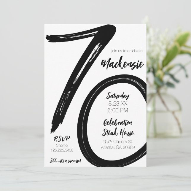 Bold Brush Stroke 70th Birthday Surprise Party Invitation (Standing Front)