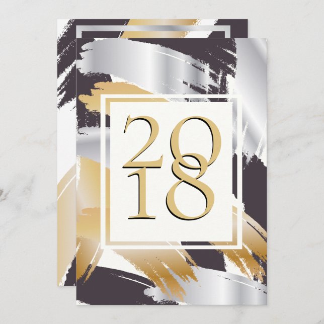 BOLD Brush Strokes Gold Silver & Black NYE BASH Invitation (Front/Back)