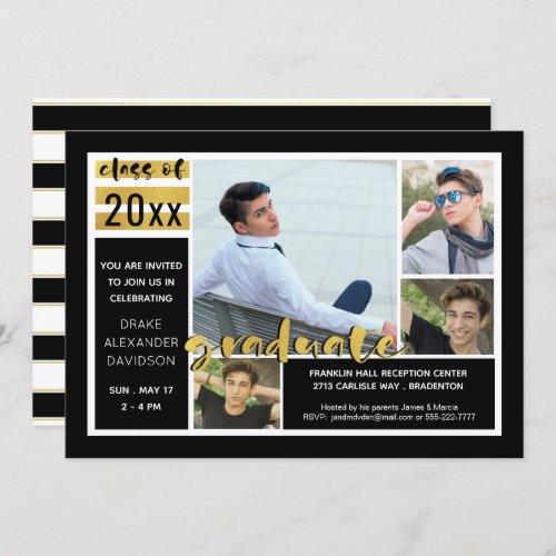 Bold Brushed Script Black and Gold Four Photo Invitation