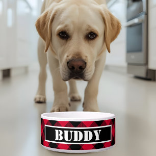 Bold Buffalo Red Black Plaid Pattern Name Dog Bowl
