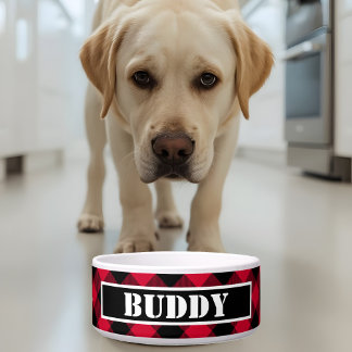 Bold Buffalo Red Black Plaid Pattern Name Dog Bowl