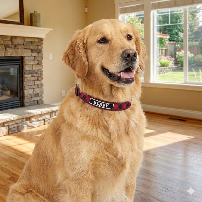 Bold Buffalo Red Black Plaid Pattern Name Dog Pet Collar (Creator Uploaded)