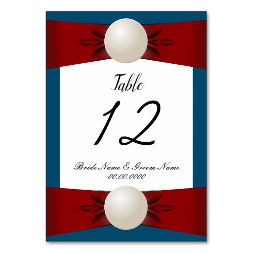 Bold Burgundy and Blue Pearl Ribbon Wedding Table Number