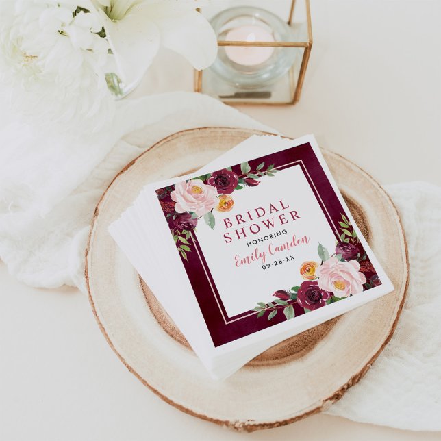 Bold Burgundy Floral Bridal Shower Wedding Napkins (Creator Uploaded)
