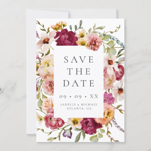 Bold Burgundy Floral Photo Wedding Save The Date