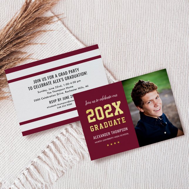 Bold Burgundy Gold 2026 Graduate Photo Grad Party Foil Invitation (Creator Uploaded)