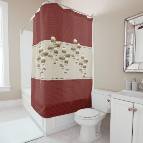 Bold Burgundy Linen Stripes Gold Flowers Shower Curtain