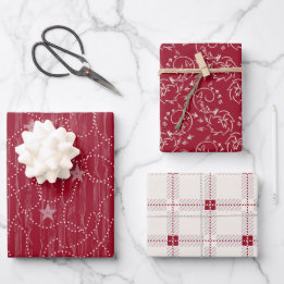 Bold Burgundy Red Botanical Vine Star Christmas Wrapping Paper Sheets