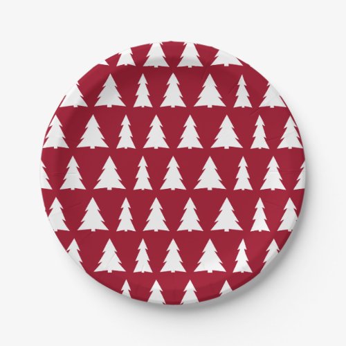 Bold Burgundy White Tree Pattern Holiday Party Paper Plates
