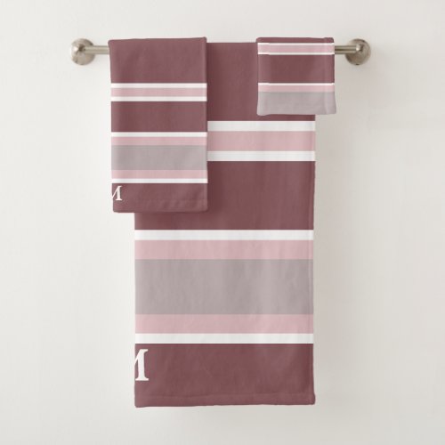 Bold Burgundy Wine Gray Monogram Bath Towel Set