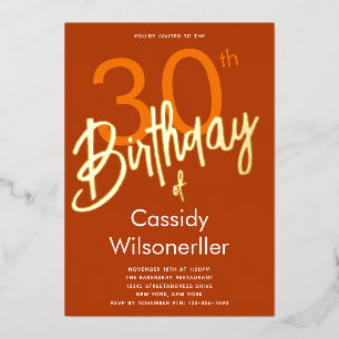 Bold Burnt Orange 30th Birthday Gold  Foil Invitation