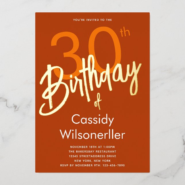 Bold Burnt Orange 30th Birthday Gold  Foil Invitation (Front)