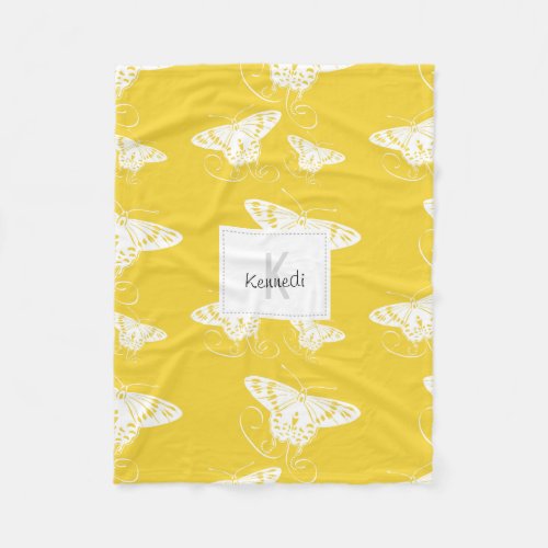 Bold Butterflies White On Bright Yellow Fleece Blanket