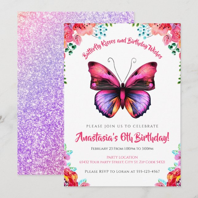 Bold, Butterfly Watercolor Floral Birthday Invitation (Front/Back)