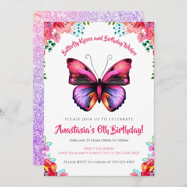 Bold, Butterfly Watercolor Floral Birthday Invitation (Front/Back)