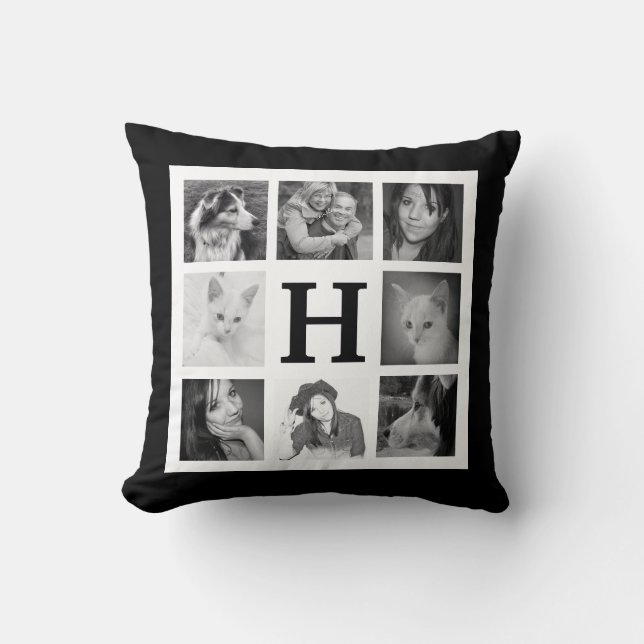 Bold BW Mod 16 Family Photos and Monogram Throw Pillow (Front)