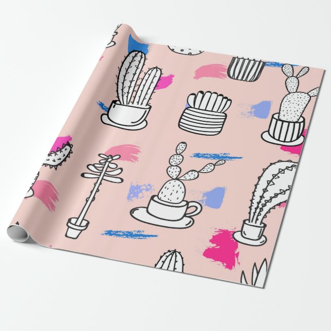 Bold Cactus Sketch Pattern Wrapping Paper (Unrolled)