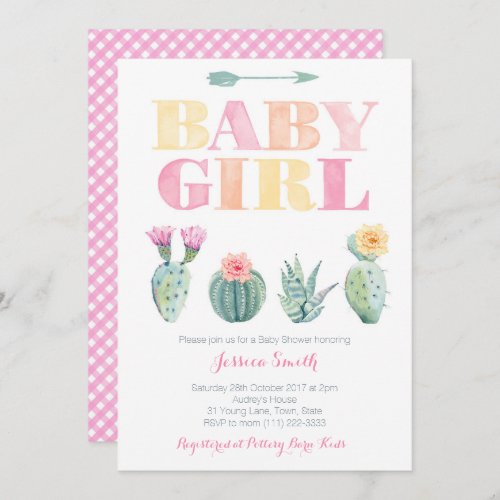 Bold Cactus Watercolor Baby Girl Shower Invitation