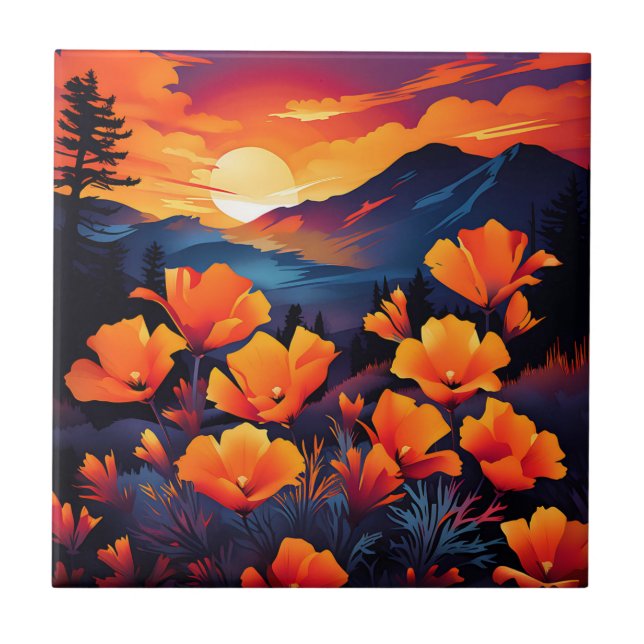 Bold California Poppy with Fiery Sunset Ceramic Tile (Front)
